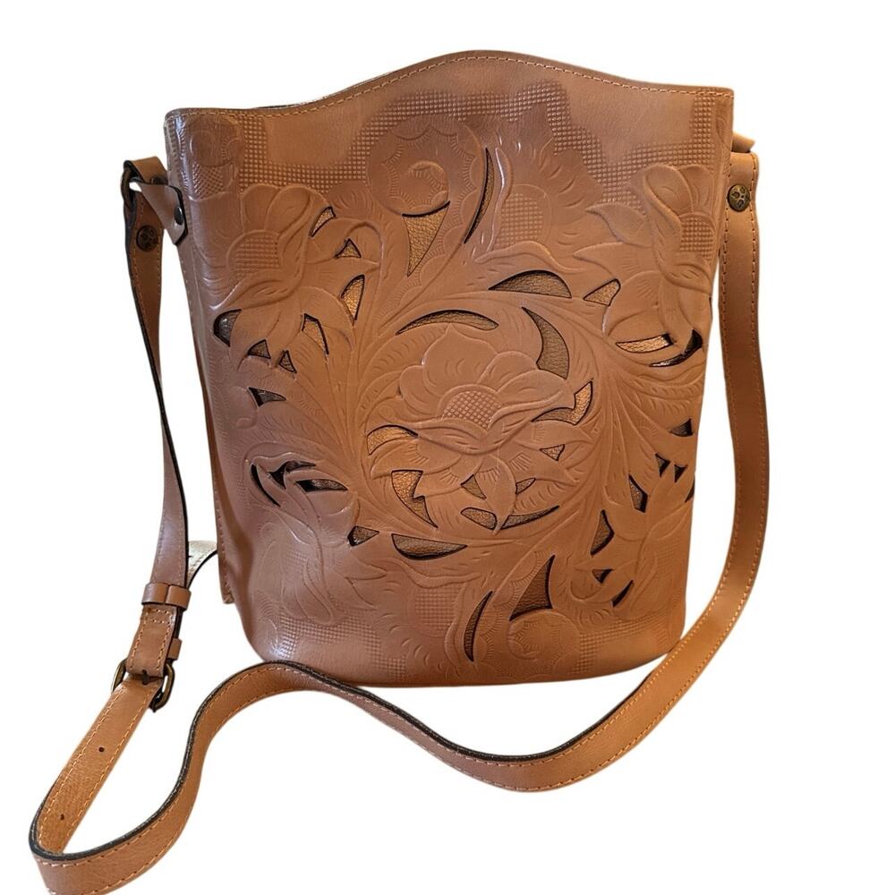 Patricia Nash Tan Floral Tooled Leather Crossbody Bag